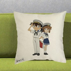 Perna Personalizata Detective Conan Conan si Ai Sailor, 40x40 cm, Ecru, Husa Detasabila, Perna Inclusa, BEKZ®