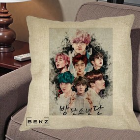 Perna Personalizata K-pop BTS Bangtan Boys Poster Artistic Negru Alb, 40x40 cm, Crem, Husa Detasabila, Perna Inclusa, BEKZ®