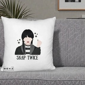Perna Personalizata Wednesday Snap Twice, 40x40 cm, Alb Pufos, Husa Detasabila, Perna Inclusa, BEKZ®
