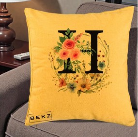 Cadou Personalizat - Perna Personalizata Monogram Litera H cu Flori Acuarela, 40x40 cm, Galben, Husa Detasabila, Perna Inclusa, BEKZ®