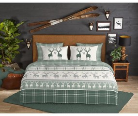 Lenjerie de pat verde/crem din flanelă pentru pat dublu/extinsă 200x220 cm Bjirk – Good Morning