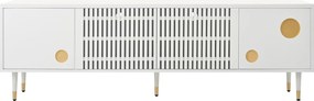 Comodă TV cu front din plasă metalică și accente aurii, 4 uși, 170x36x54 cm, Alb