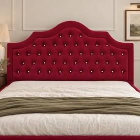 Pat tapițat Chesterfield din catifea Imperio Deluxe 180×200 cm, vișiniu, cu ladă de depozitare