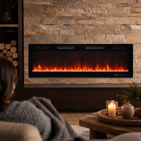 HOMCOM Șemineu Electric Încastrabil cu Flacără Independentă, 3 Moduri de Încălzire și Telecomandă, 152,4 x 9,4 x 47 cm, Negru | Aosom Romania