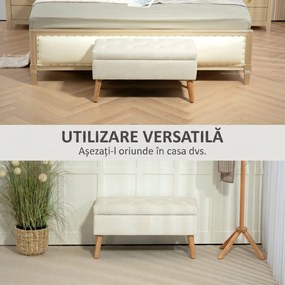 HOMCOM Taburet cu Depozitare In Catifea Picioare In Lemn Di Cauciuc 80x35x42 cm Crem | Aosom Romania