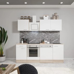 Mobilă de bucătărie Yorki 220, corp din stejar sonoma, față alb satinat cu element inferior al cuptorului