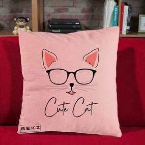 Perna Personalizata Cute Cat cu Ochelari, 40x40 cm, Roz, Husa Detasabila, Perna Inclusa, BEKZ®