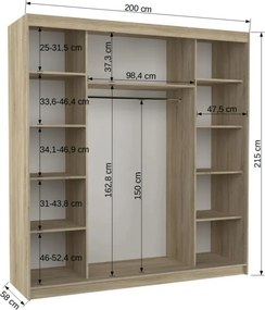 Dulap cu uși glisante DALMATIA – cu oglindă – 200x58x215 cm – Sonoma / Alb