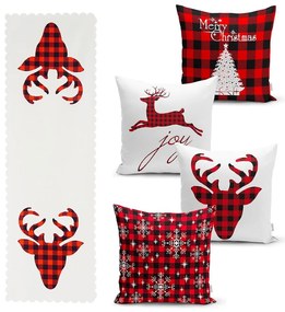 Set 4 fețe de pernă și un napron de masă cu model de Crăciun Minimalist Cushion Covers Christmas Tartan