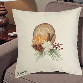 Perna Decorativa Aranjament de Craciun Nordic, 40x40 cm, Ecru, Husa Detasabila, Perna Inclusa, BEKZ®