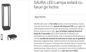 Stalp LED solar iluminat exterior cu senzor de miscare IP54 SAURA