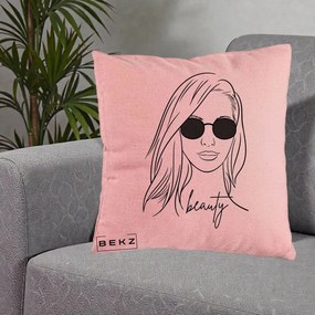 Perna Decorativa Beauty Girl Line Art, 40x40 cm, Roz, Husa Detasabila, Perna Inclusa, BEKZ®