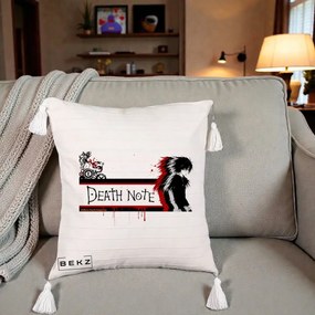 Perna Personalizata Death Note L Lawliet Rosu-Negru, 40x40 cm, Bej cu Franjuri, Husa Detasabila, Perna Inclusa, BEKZ®