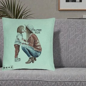 Cadou pentru Mama - Perna Personalizata Super Mom Acuarela, 40x40 cm, Verde Menta, Husa Detasabila, Perna Inclusa, BEKZ®