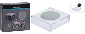 Organizator accesorii machiaj 14x14x4.5 cm, 2 compartimente, capac cu oglinda rotunda, transparent