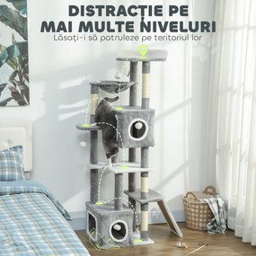 PawHut Arborele pentru Pisici cu Căsuțe, Rampe, Stinghie și 4 Mingi, Gri | Aosom Romania