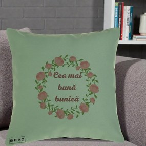 Cadou pentru Bunica - Perna Personalizata Cea Mai Buna Bunica Coronita Trandafiri Roz Clasic, 40x40 cm, Verde, Husa Detasabila, Perna Inclusa, BEKZ®