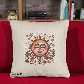 Perna Decorativa Soare Retro Boho Floral, 40x40 cm, Bej Canapea, Husa Detasabila, Perna Inclusa, BEKZ®