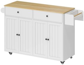 HOMCOM Insulă de bucătărie pe roți, 2 sertare, 2 dulapuri, mobilă, raft pentru condimente, suport prosop, suport pentru cuțite, MDF, Alb | Aosom Romania