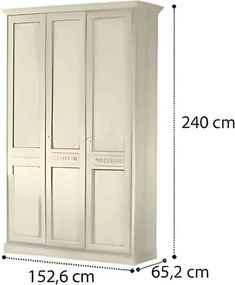 Dulap lemn masiv crem 3 Uși Bologna Patinat, 153 × 65 × 240 cm - Cu oglinda pe mijloc