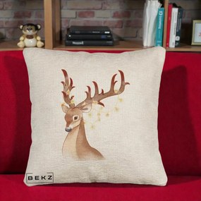 Perna Decorativa Ren cu Luminite de Craciun, 40x40 cm, Bej Canapea, Husa Detasabila, Perna Inclusa, BEKZ®