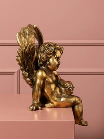 Statuetă decorativă heruvim din rășină, auriu, aripi și bucle fin sculptate, finisaj antichizat, 37 x 17 x 20 cm, „Chérubin”