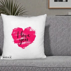 Cadou Romantic - Perna Personalizata I Love You Inima Roz, 40x40 cm, Alb Pufos, Husa Detasabila, Perna Inclusa, BEKZ®