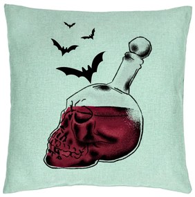 Perna Decorativa cu motiv Sticla Craniu de Halloween 1, 40x40 cm, Verde Menta, Husa Detasabila, Burduf