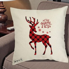 Perna Decorativa Ren Buffalo Plaid Craciun, 40x40 cm, Ecru, Husa Detasabila, Perna Inclusa, BEKZ®