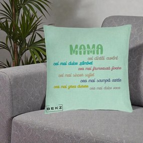 Cadou pentru Mama - Perna Personalizata Mama Cel Dintai Cuvant cu Text Colorat Multicolor, 40x40 cm, Verde Menta, Husa Detasabila, Perna Inclusa, BEKZ®
