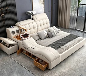 MOBLUX99 Utility 160x200 cm Beige Right Chaise – Pat Inteligent Premium cu Proiector, Vibromasaj, Boxe Bluetooth, Încărcare Wireless și Spații Multiple de Depozitare