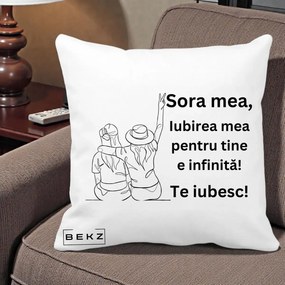 Cadou pentru Sora - Perna Personalizata Sora Mea Te Iubesc Line Art Portrete Colorate, 40x40 cm, Alba Mata, Husa Detasabila, Perna Inclusa, BEKZ®