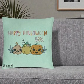 Perna Decorativa Happy Halloween Boo Trei Dovlecei Kawaii, 40x40 cm, Verde Menta, Husa Detasabila, Perna Inclusa, BEKZ®