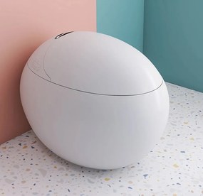 Vas toaletă inteligentă în formă de ou, cu Bideu, Afișaj LED, Telecomandă, Sterilizare UV, Deschidere/Închidere automată, funcționare senzor picior, Control inteligent al Temperaturii, Uscare aer cald, Iluminare de noapte, Ceramică, Alb, 828