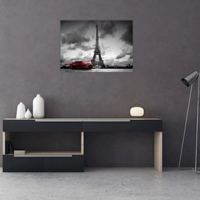 Tablou pe sticlă - Turnul Eiffel și mașina roșie (70x50 cm)