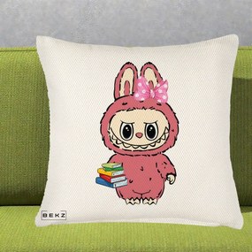 Perna Personalizata Labubu Roz cu Funda si Carti, 40x40 cm, Crem Reliefat, Husa Detasabila, Perna Inclusa, BEKZ®