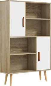 HOMCOM Bibliotecă scandinavă 4 nișe + 2 dulapuri cu poliță dim. 80L x 24l x 123H cm Picioare conice înclinate Lemn masiv Stejar | Aosom Romania