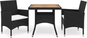 vidaXL Set mobilier grădină, 3 piese, negru, poliratan și lemn masiv