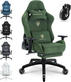 RESIGILAT- DOWINX 68A - Scaun Gaming Ergonomic, Extra-Lat și Construcție Heavy-Duty, Masaj in perna lombara, Material Textil respirabil, Suport picioare, Roti Silicon, Rezistent 150 kg, Verde