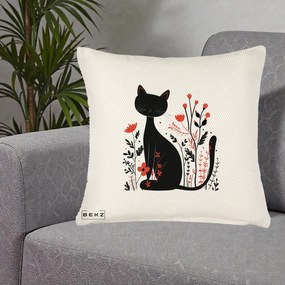 Perna Decorativa Pisica Neagra Flori Rosii Folk Minimal, 40x40 cm, Crem Reliefat, Husa Detasabila, Perna Inclusa, BEKZ®