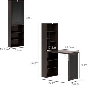 HOMCOM Birou Modern Pliabil cu Bibliotecă și Tablă, din Lemn și Metal, 98x51x153 cm, Maro | Aosom Romania