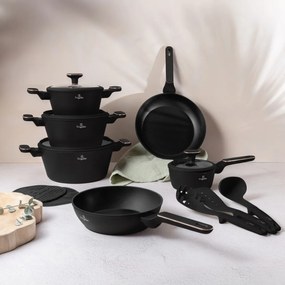 Set oale si tigai 15 piese Black Rose Berlinger Haus BH 8363, negre, înveliș antiaderent titan, compatibile inducție