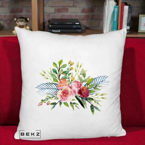 Perna Decorativa Buchet Flori Acuarela Roz-Verde, 40x40 cm, Alb Pufos, Husa Detasabila, Perna Inclusa, BEKZ®