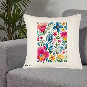 Perna Decorativa Gradina Florala Acuarela Colorata, 40x40 cm, Crem Reliefat, Husa Detasabila, Perna Inclusa, BEKZ®