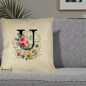 Cadou Personalizat - Perna Personalizata Monogram Litera U cu Flori Acuarela, 40x40 cm, Crem, Husa Detasabila, Perna Inclusa, BEKZ®