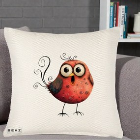 Perna Decorativa Pasare Rosie Exuberanta cu Spirale, 40x40 cm, Crem Reliefat, Husa Detasabila, Perna Inclusa, BEKZ®