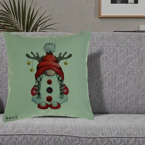 Perna Decorativa Pitic Gnom Craciun cu Coarne de Ren, 40x40 cm, Verde, Husa Detasabila, Perna Inclusa, BEKZ®
