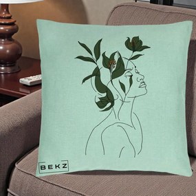 Perna Decorativa Portret Feminin Crin Verde, 40x40 cm, Verde Menta, Husa Detasabila, Perna Inclusa, BEKZ®