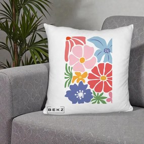 Perna Decorativa Flori Grafice Roz-Rosu-Albastru, 40x40 cm, Alb Pufos, Husa Detasabila, Perna Inclusa, BEKZ®
