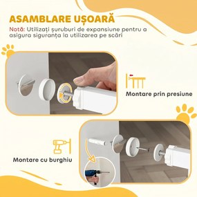 PawHut Poartă de Siguranță pentru Câini din Oțel și ABS, Poartă Extensibilă pentru Câini pentru Scări și Uși, 75-115 cm, Alb